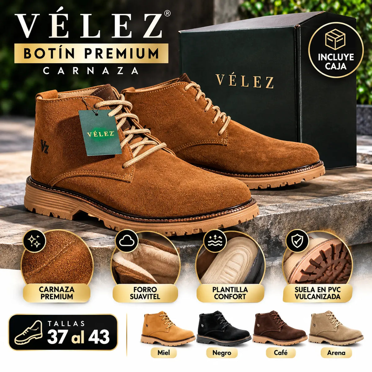 BOTIN VELEZ CUERO GENUINO CARNAZA + CAJA